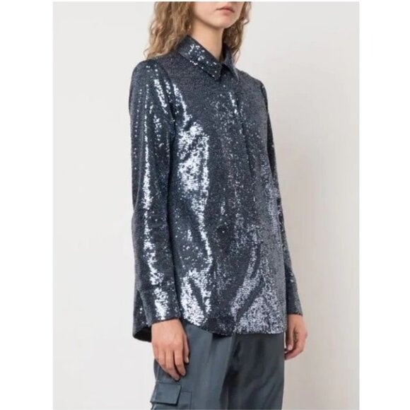 Cinq à Sept Isha Sequin Point Collar Shirt / Medium / Onyx Blue Blouse Holiday - Picture 2 of 12